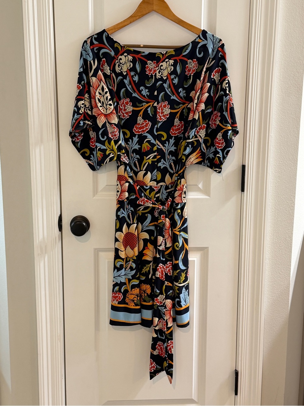 BCBGMaxAzria Navy Floral-Print Midi Dress with Pink and Yellow Accents
